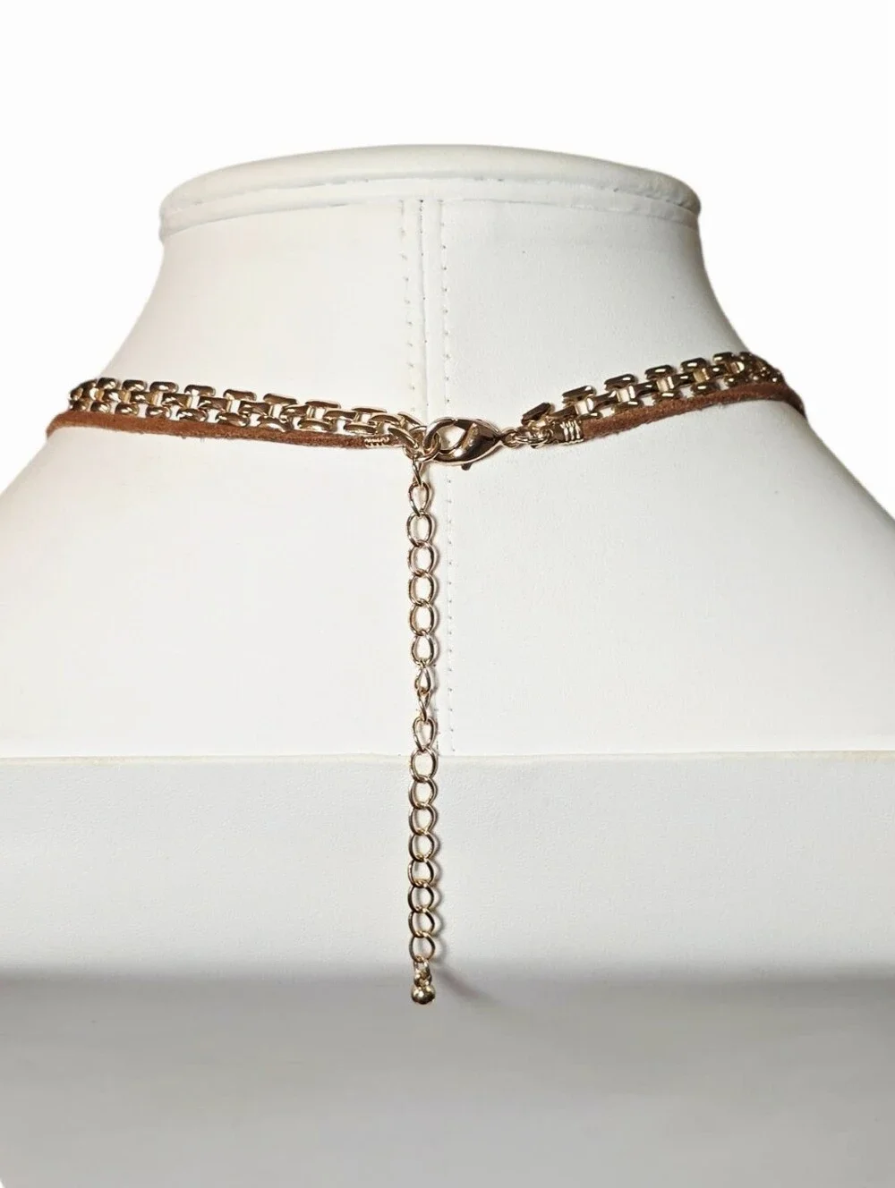 Layered Brown Suede and Gold Tassel Choker Lariat Necklace